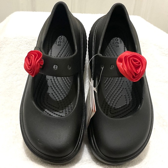 Black Red Rosette Maryjane Crocs Stomp Clog Rubber Slip On Casual Comfort size 8 - Picture 13 of 13